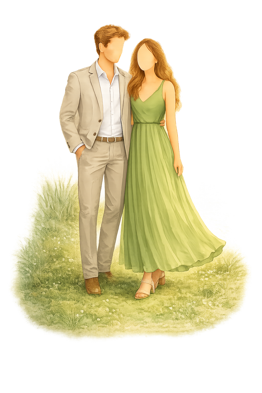 Ilustração de um casal em traje esporte fino, ele de terno claro e ela de vestido verde longo
